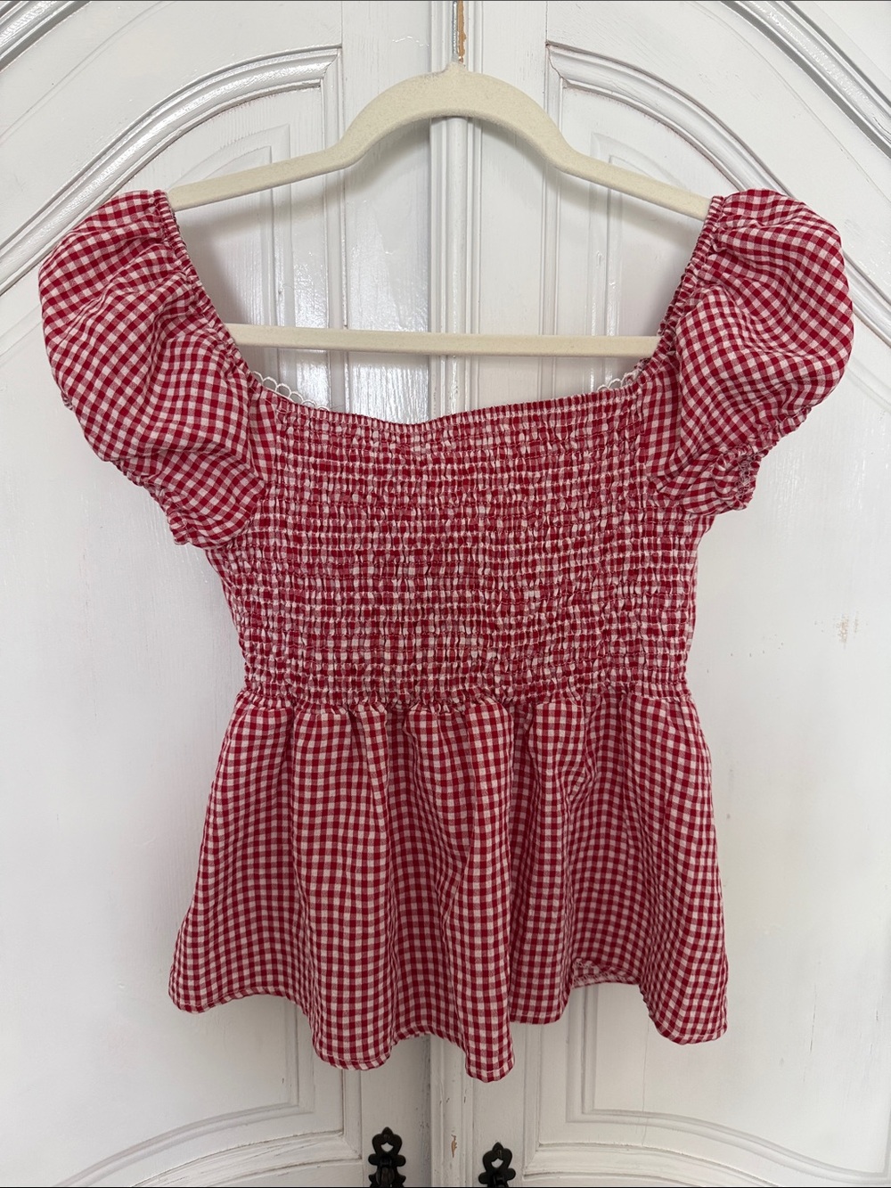 Red & White Gingham Puff Sleeve Babydoll Top | Cottagecore Country Western Small - Picture 3 of 7